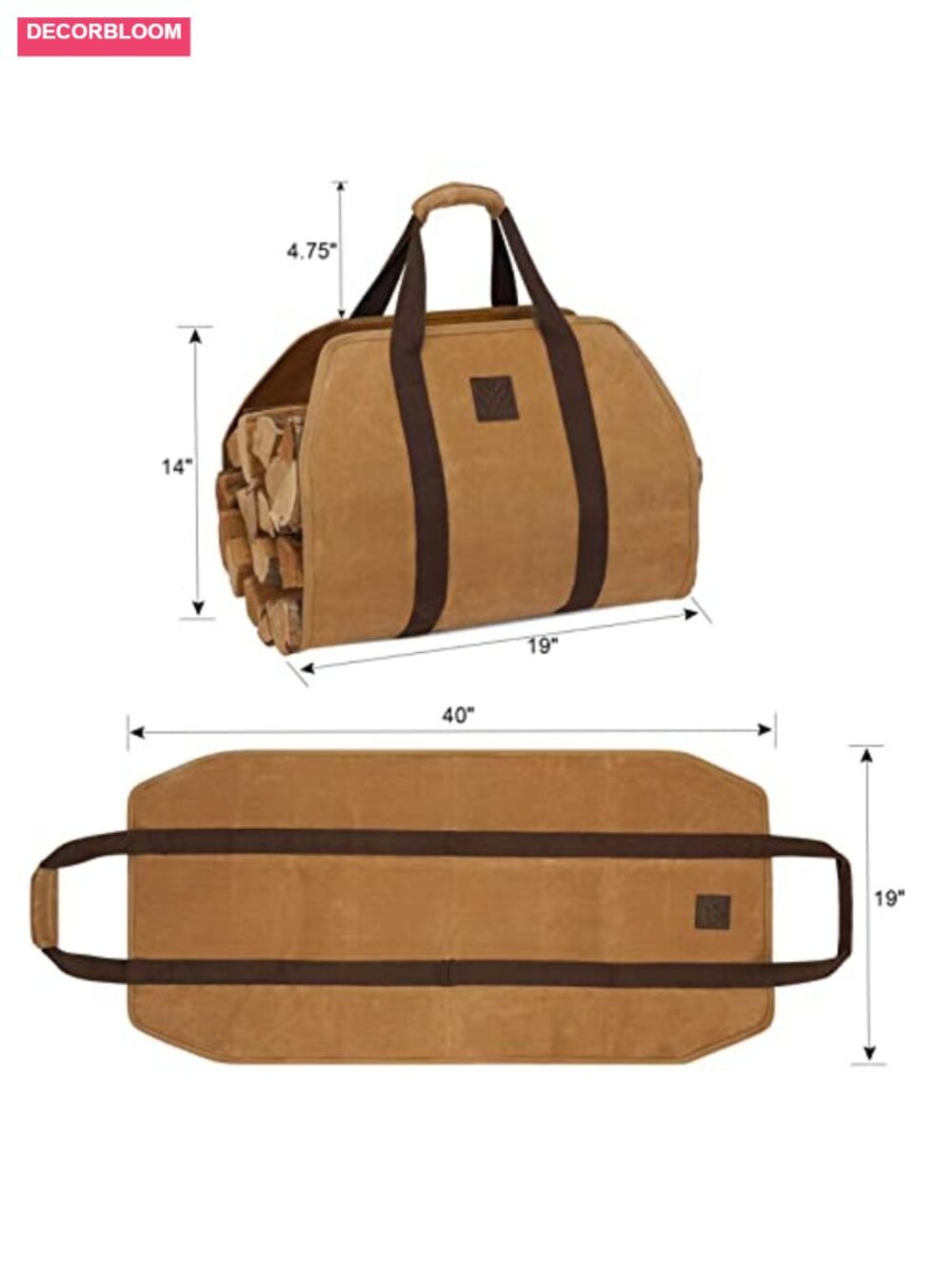 Waxed Canvas Firewood Carrier Bag with Padded Handle, Foldable Log Tote - Picture 2 of 6